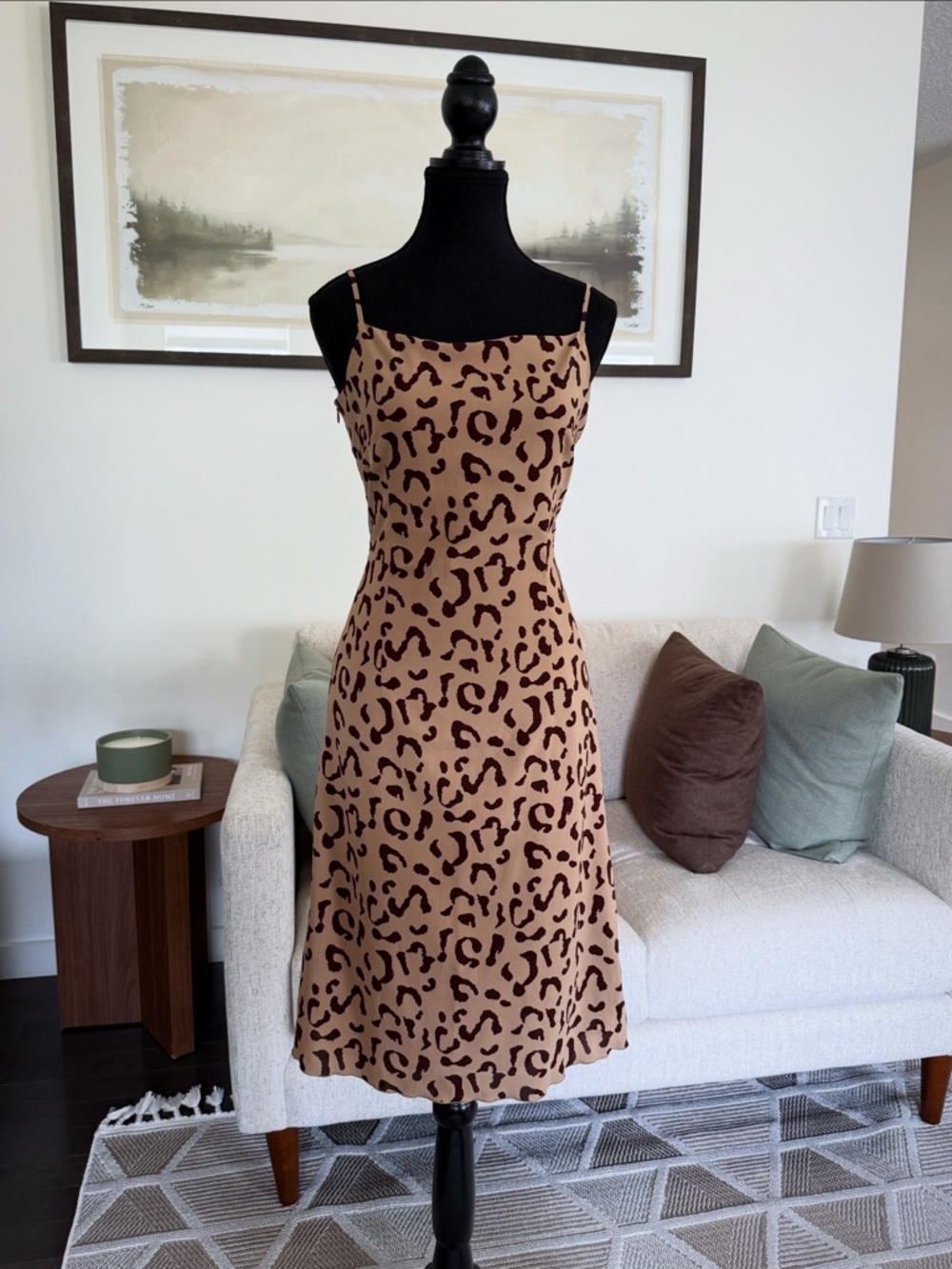 Leopard Print Tan Slip Midi Dress with Spaghetti Straps